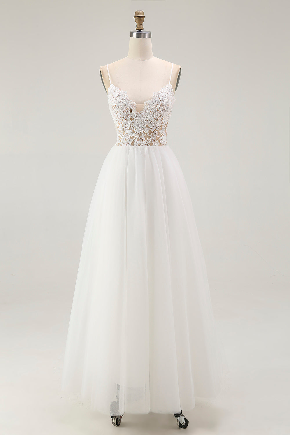 Robe blanche trapèze en tulle et dentelle longueur thé