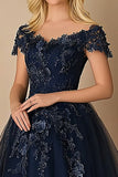 Cravate noire marine trapèze col V Tulle Robe longue mère de la mariée à manches courtes