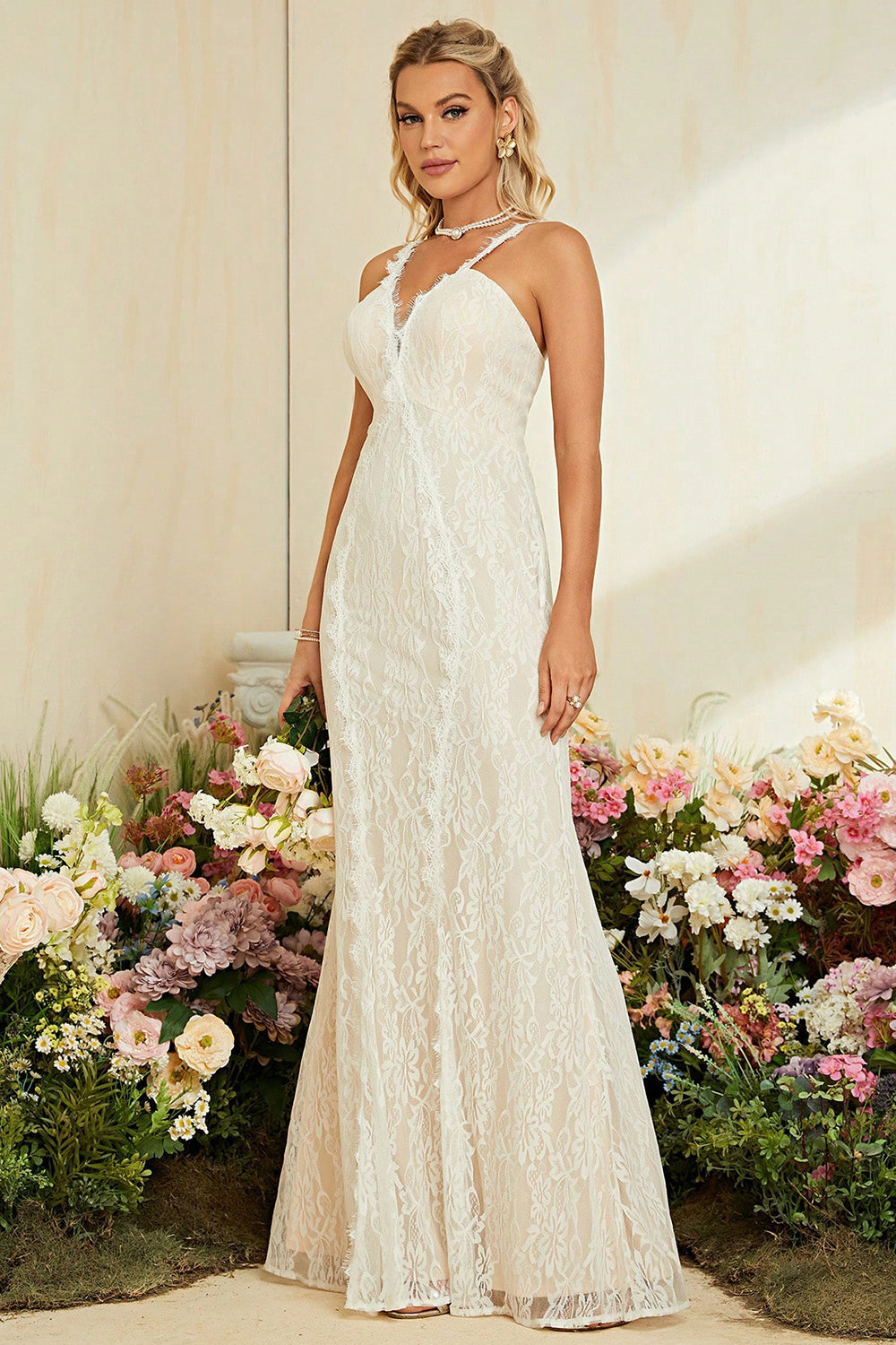 Ivoire abricot spaghetti bretelles Sirène dentelle longue robe de mariée