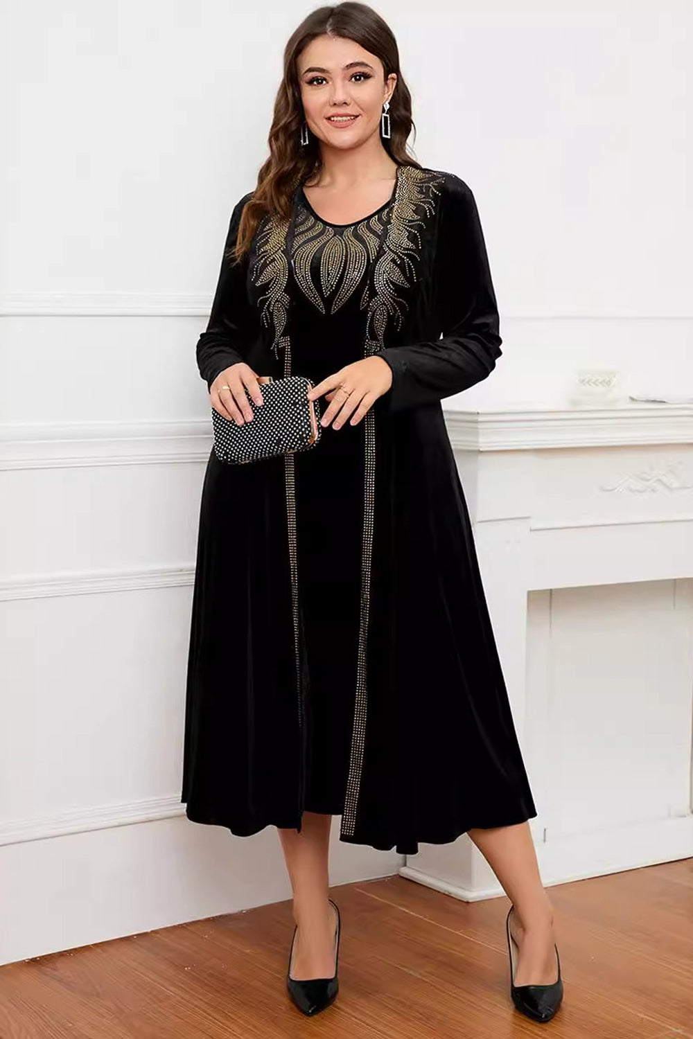 Robe noire à col rond à manches longues trapèze Mère de la mariée