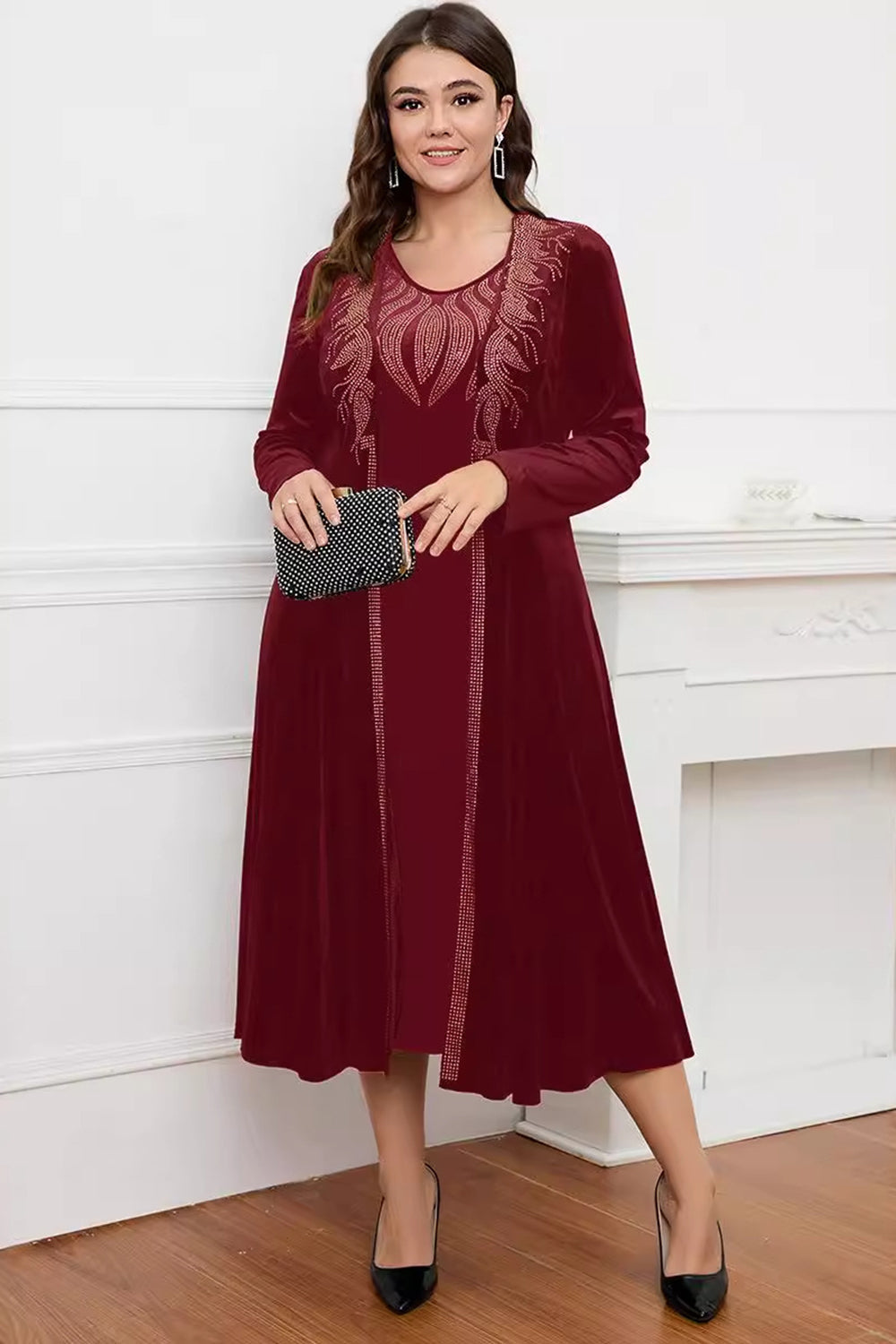 Robe noire à col rond à manches longues trapèze Mère de la mariée