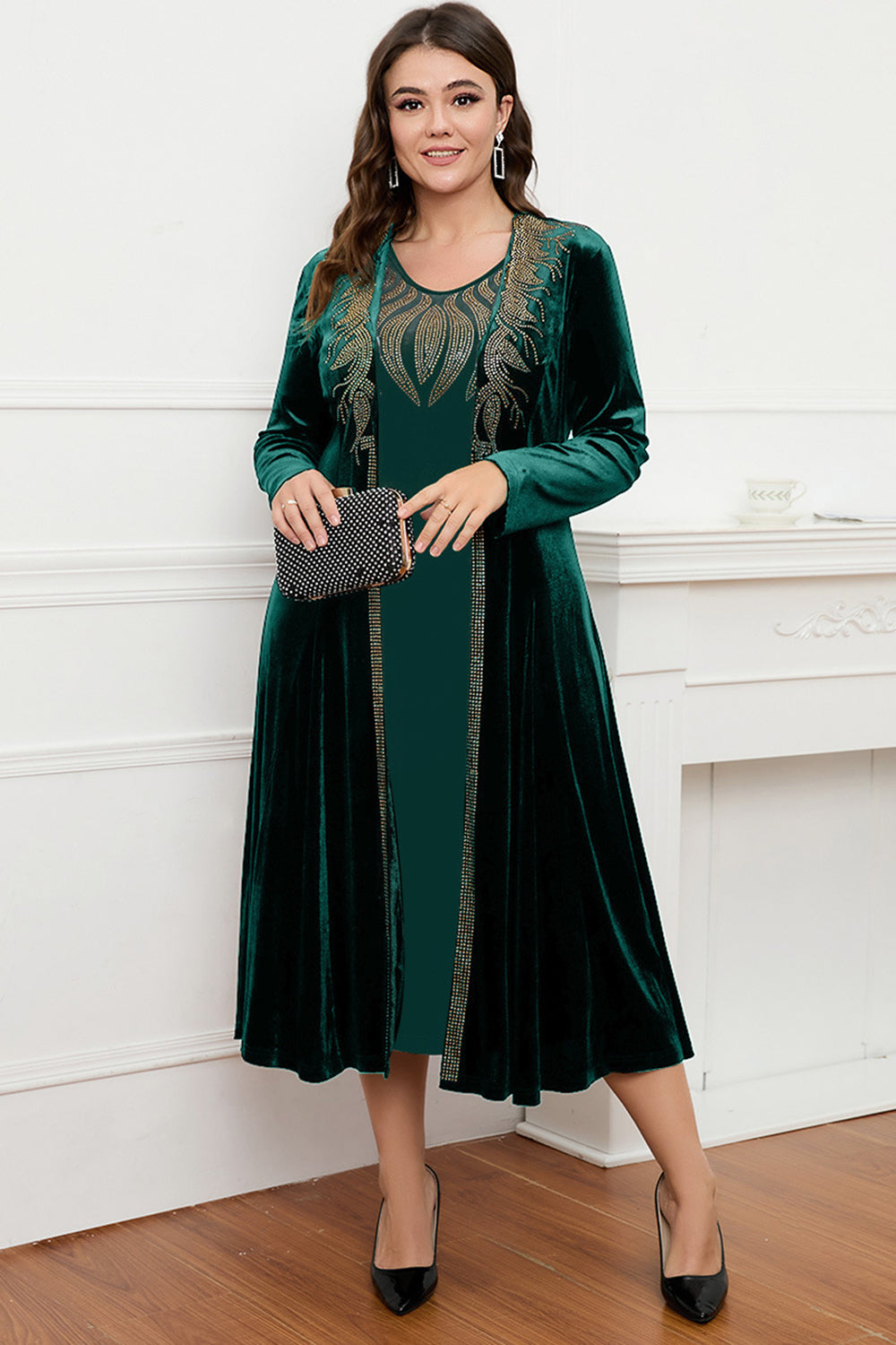 Robe noire à col rond à manches longues trapèze Mère de la mariée