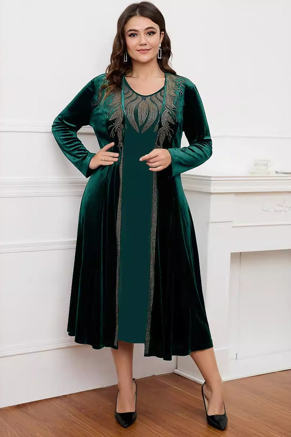 Robe noire à col rond à manches longues trapèze Mère de la mariée