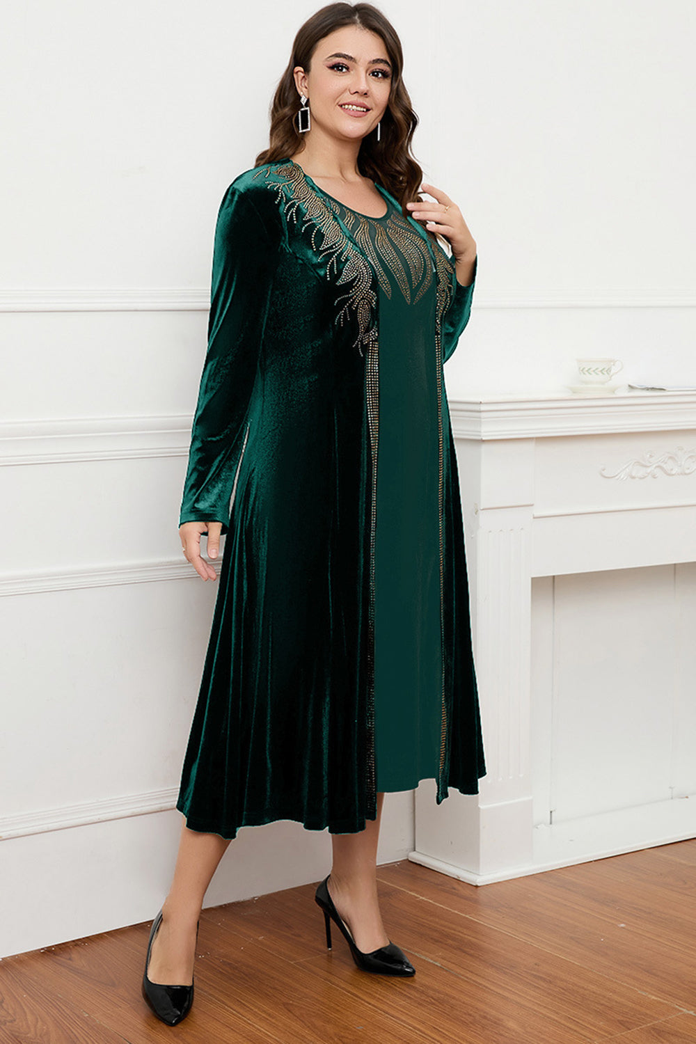 Robe noire à col rond à manches longues trapèze Mère de la mariée