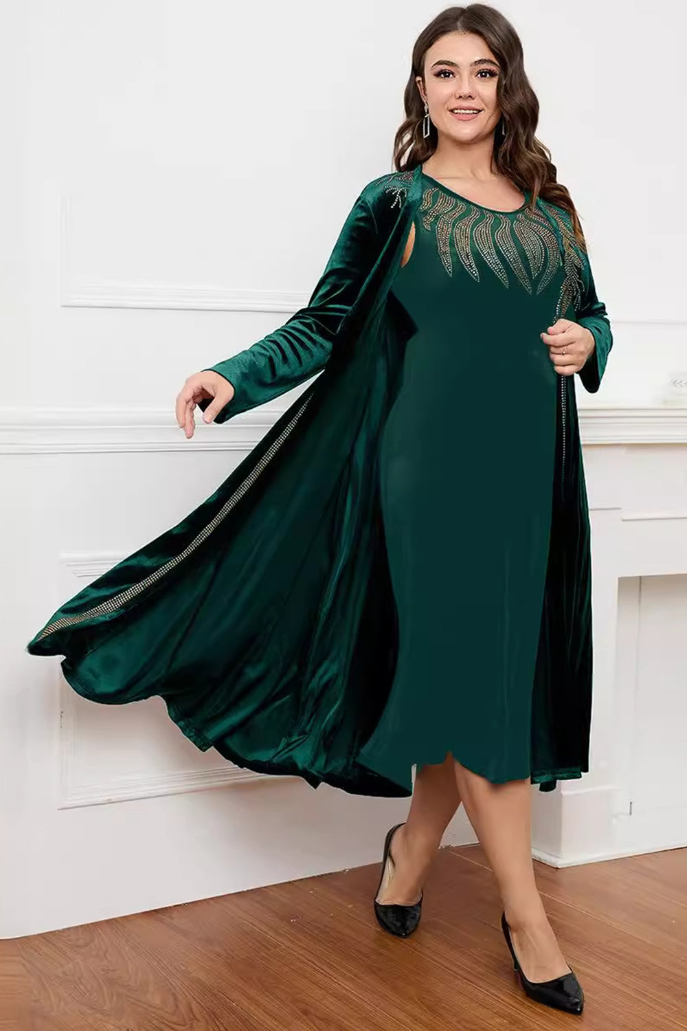 Robe noire à col rond à manches longues trapèze Mère de la mariée
