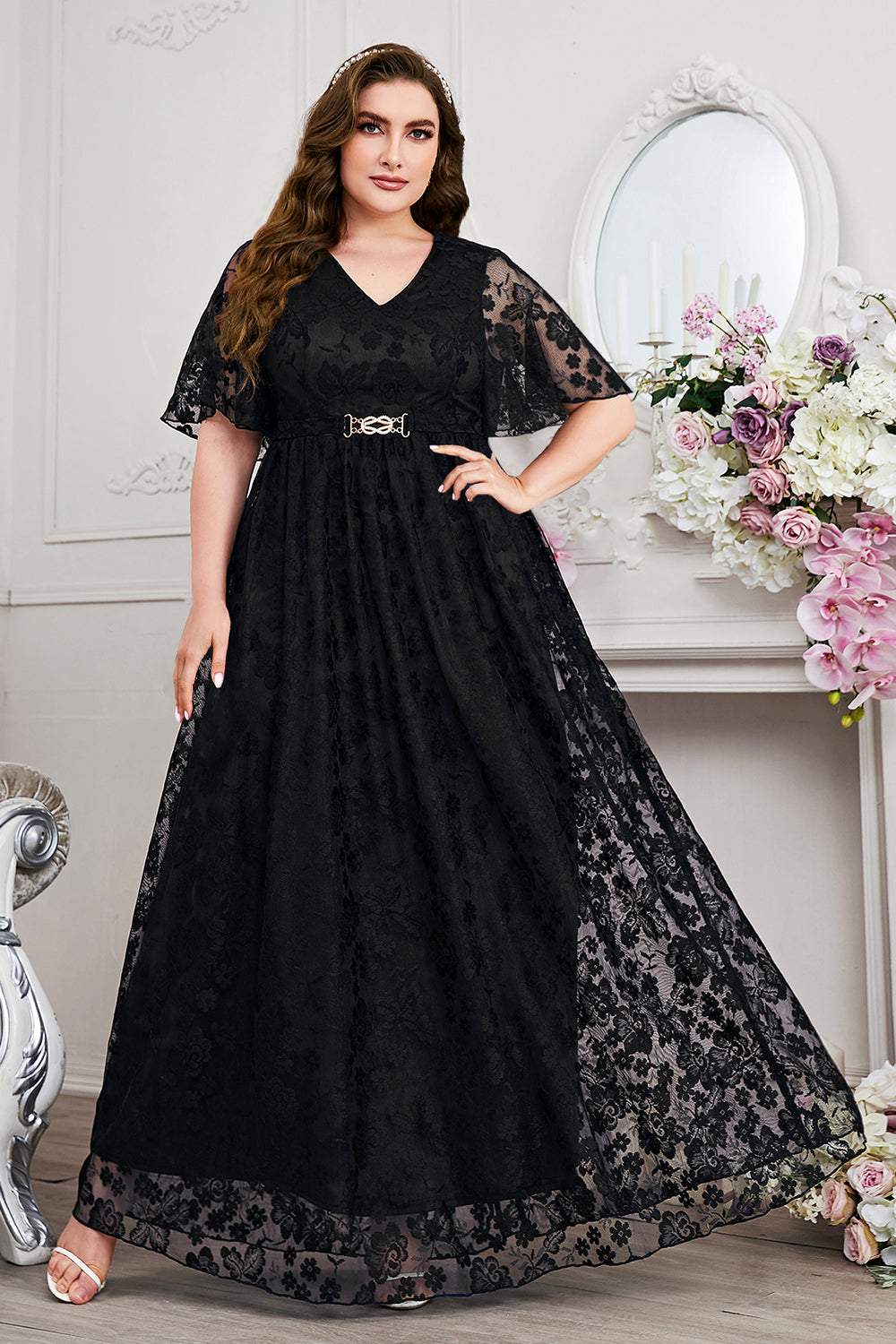 Bleu marine A-ligne dentelle col en V manches courtes Robe longue mère de la mariée