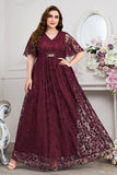 Bleu marine A-ligne dentelle col en V manches courtes Robe longue mère de la mariée