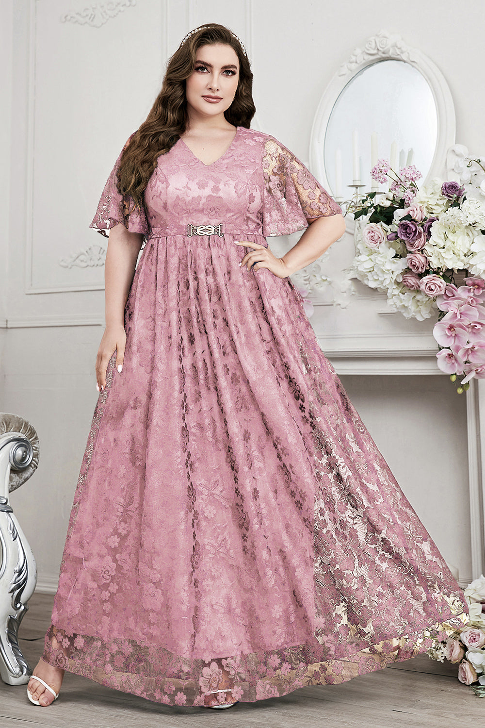 Bleu marine A-ligne dentelle col en V manches courtes Robe longue mère de la mariée