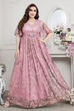 Bleu marine A-ligne dentelle col en V manches courtes Robe longue mère de la mariée