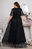 Bleu marine A-ligne dentelle col en V manches courtes Robe longue mère de la mariée