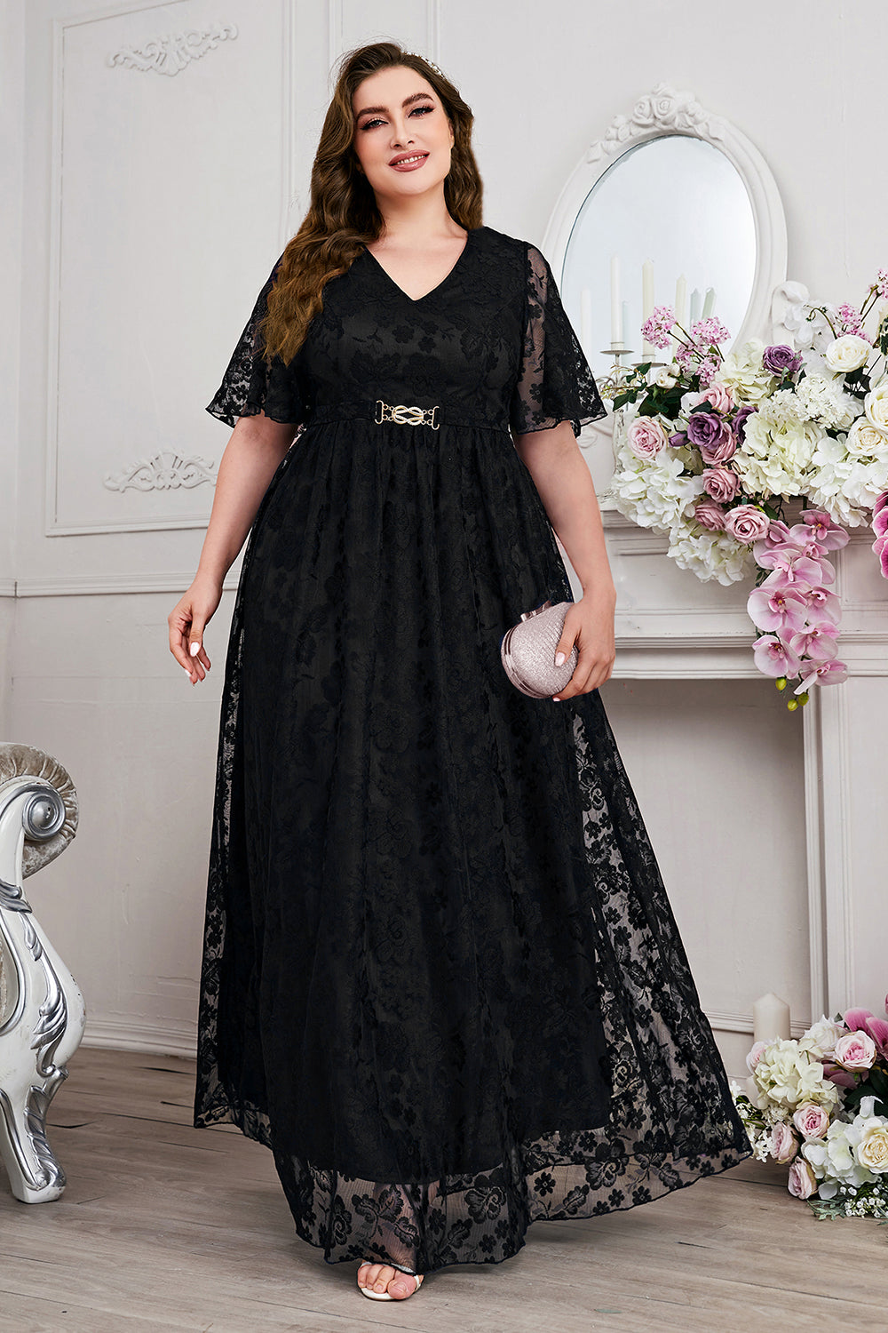 Bleu marine A-ligne dentelle col en V manches courtes Robe longue mère de la mariée