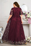 Bleu marine A-ligne dentelle col en V manches courtes Robe longue mère de la mariée