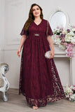 Bleu marine A-ligne dentelle col en V manches courtes Robe longue mère de la mariée