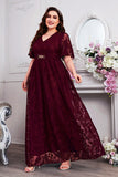 Bleu marine A-ligne dentelle col en V manches courtes Robe longue mère de la mariée