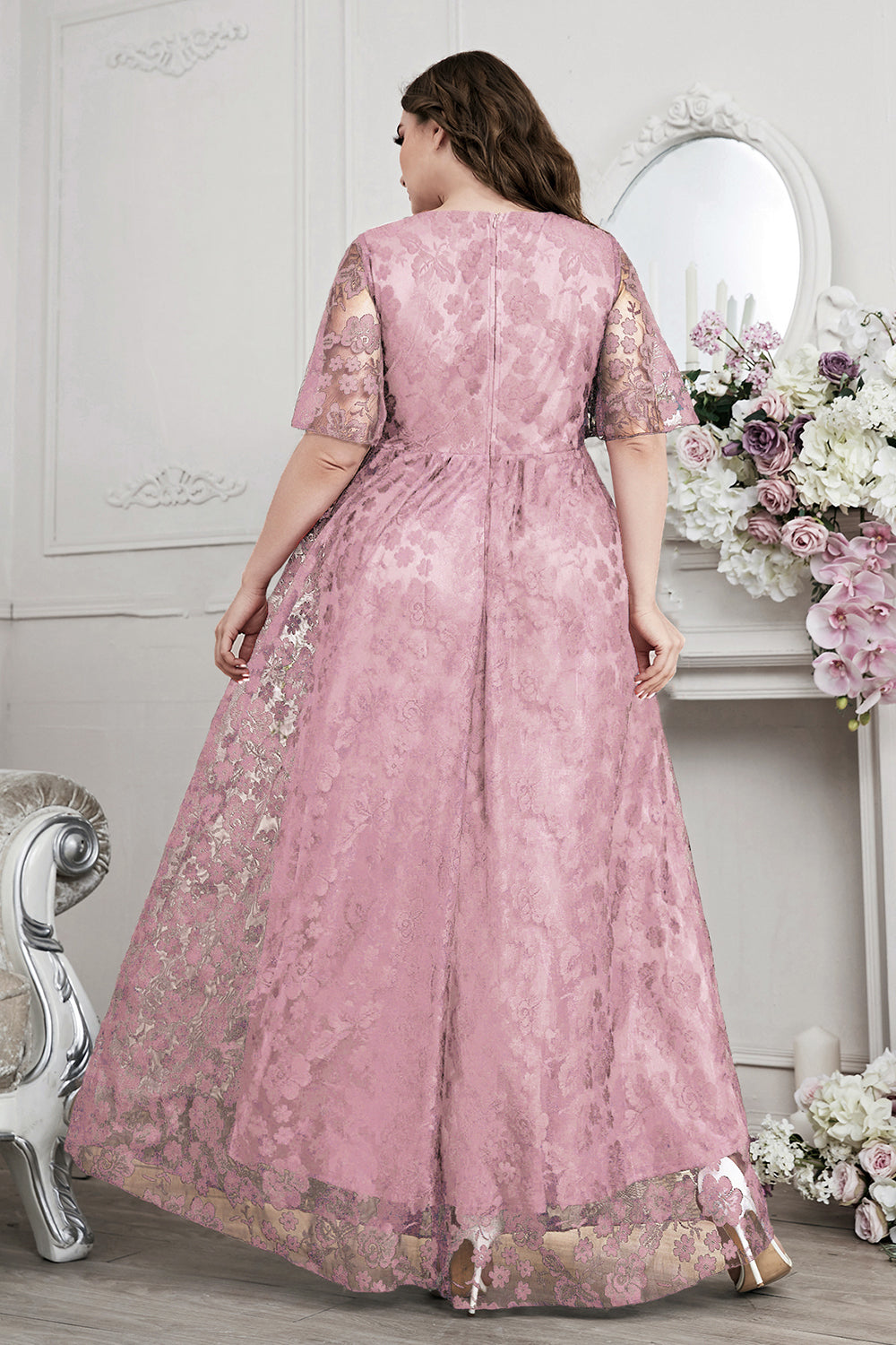 Bleu marine A-ligne dentelle col en V manches courtes Robe longue mère de la mariée