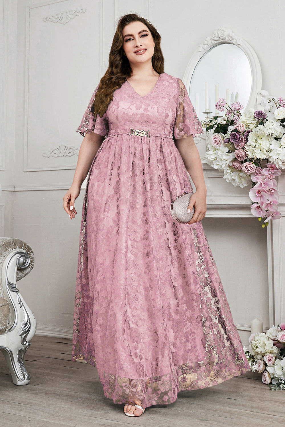 Bleu marine A-ligne dentelle col en V manches courtes Robe longue mère de la mariée