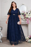 Bleu marine A-ligne dentelle col en V manches courtes Robe longue mère de la mariée