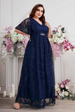 Bleu marine A-ligne dentelle col en V manches courtes Robe longue mère de la mariée