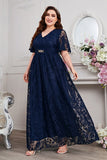 Bleu marine A-ligne dentelle col en V manches courtes Robe longue mère de la mariée