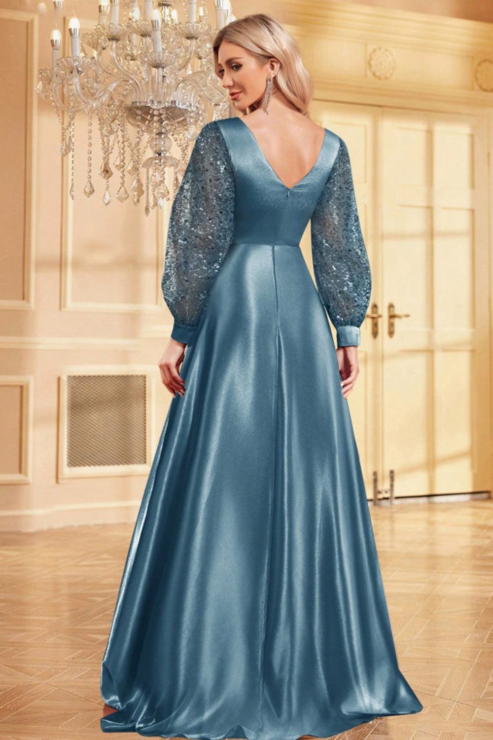 Bleu Marine Paillettes Manches Longues Une Ligne Mère De La Mariée Robe