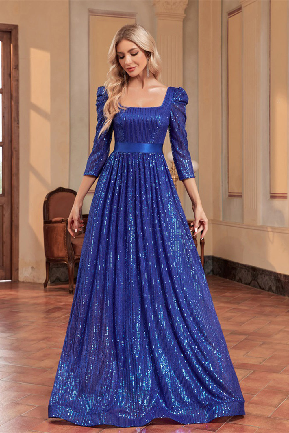 Bleu Royal A Ligne Paillettes Col Carré Longue Robe Mère De La Mariée
