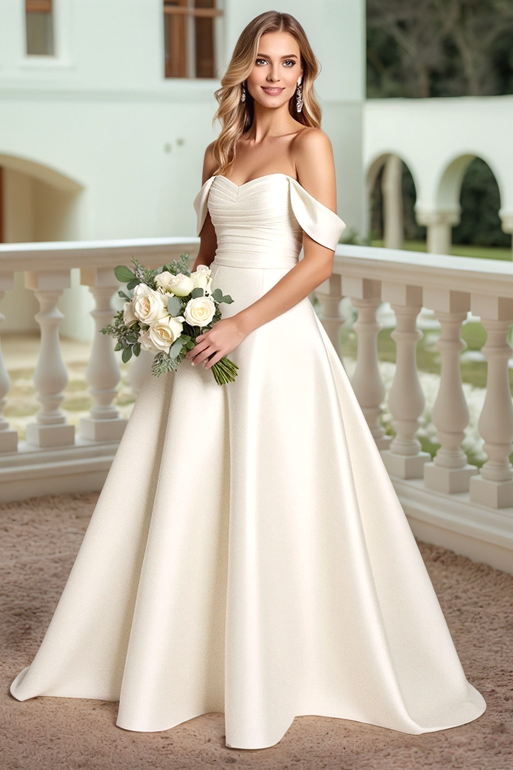 Robe de mariée en satin A Line blanc à épaules dénudées avec noeud