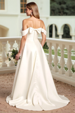 Robe de mariée en satin A Line blanc à épaules dénudées avec noeud