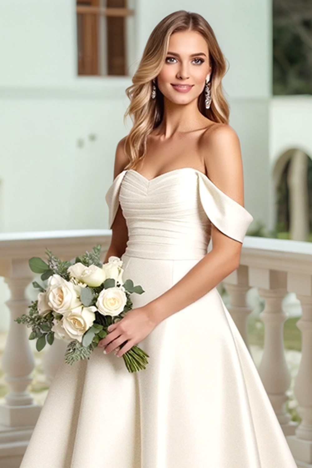 Robe de mariée en satin A Line blanc à épaules dénudées avec noeud