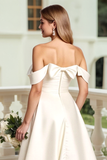 Robe de mariée en satin A Line blanc à épaules dénudées avec noeud