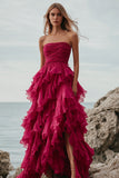 Volant fuchsia Une ligne Sans bretelles Robe longue formelle avec fente