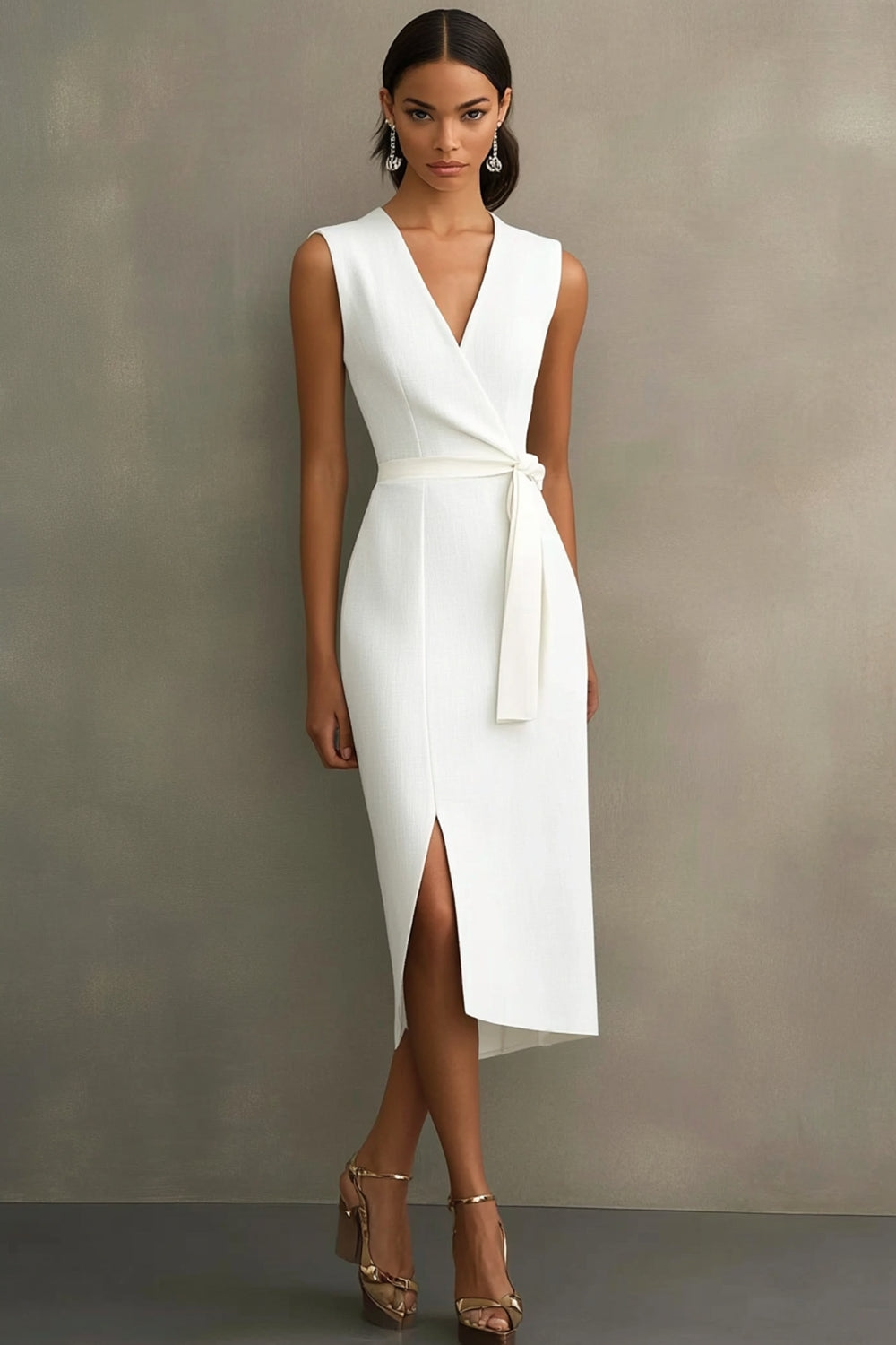Robe blanche à col en V avec ceinture