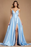 Bleu ciel Une ligne Simple Ruché Satin Robe Longue Bal