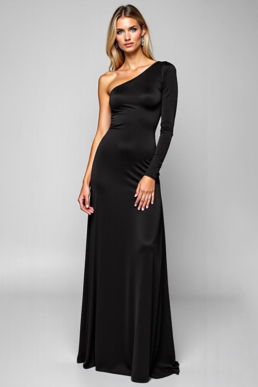 Robe de bal longue en satin noir fourreau à une épaule avec manches