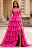 Robe de bal longue en tulle à col en V fuchsia à volants