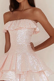 Robe de cocktail courte bretelle à paillettes roses