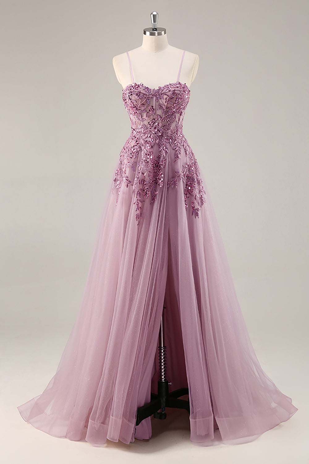 Gris violet perlé Corset Applique Robe De Soirée longue avec fente