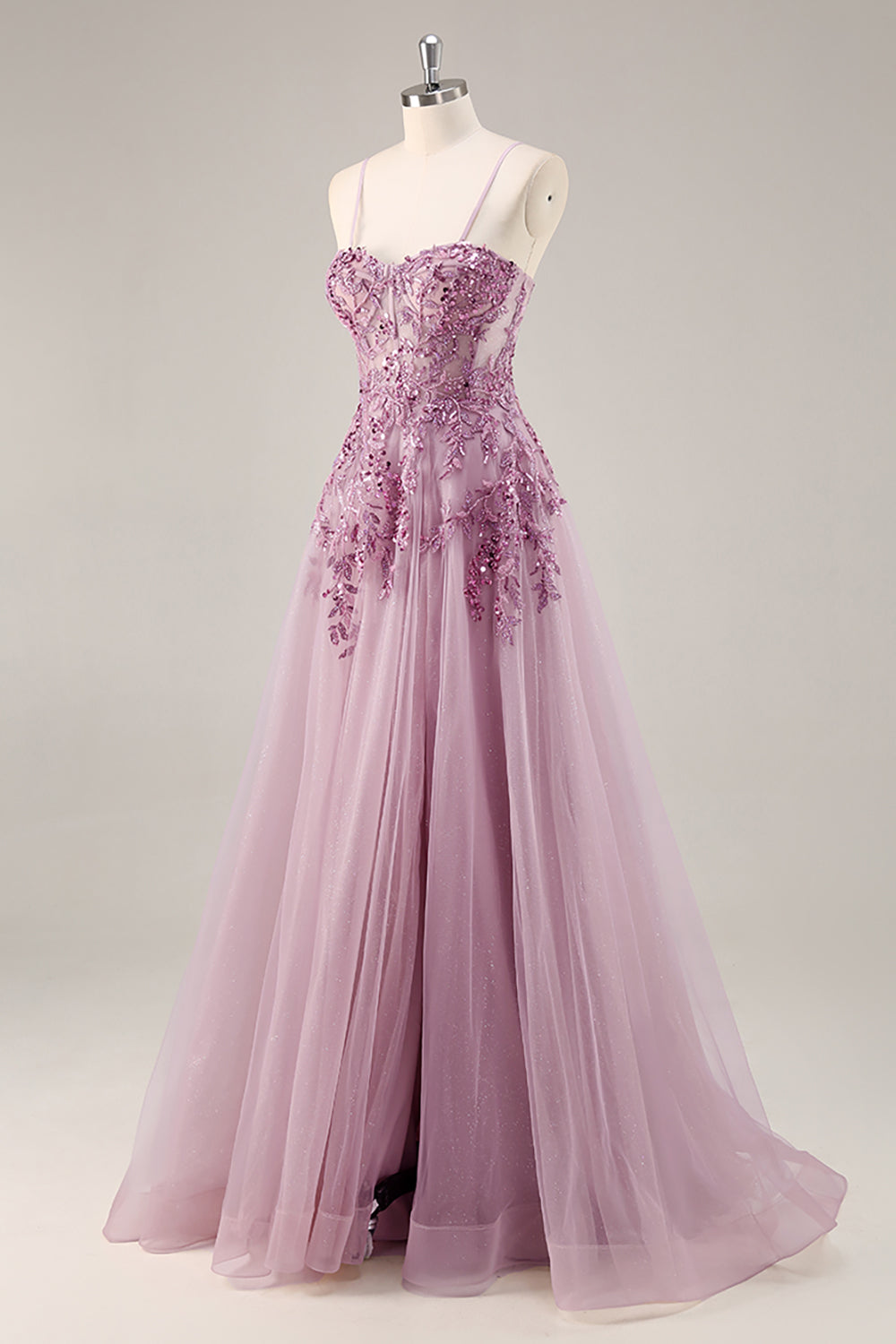 Gris violet perlé Corset Applique Robe De Soirée longue avec fente