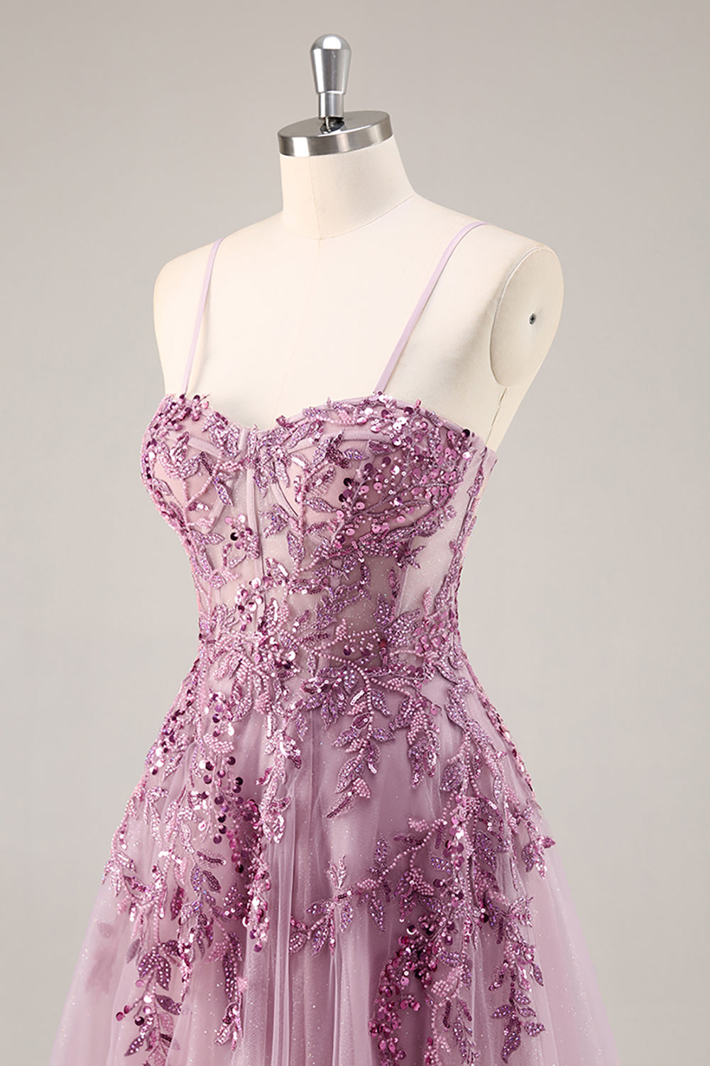 Gris violet perlé Corset Applique Robe De Soirée longue avec fente