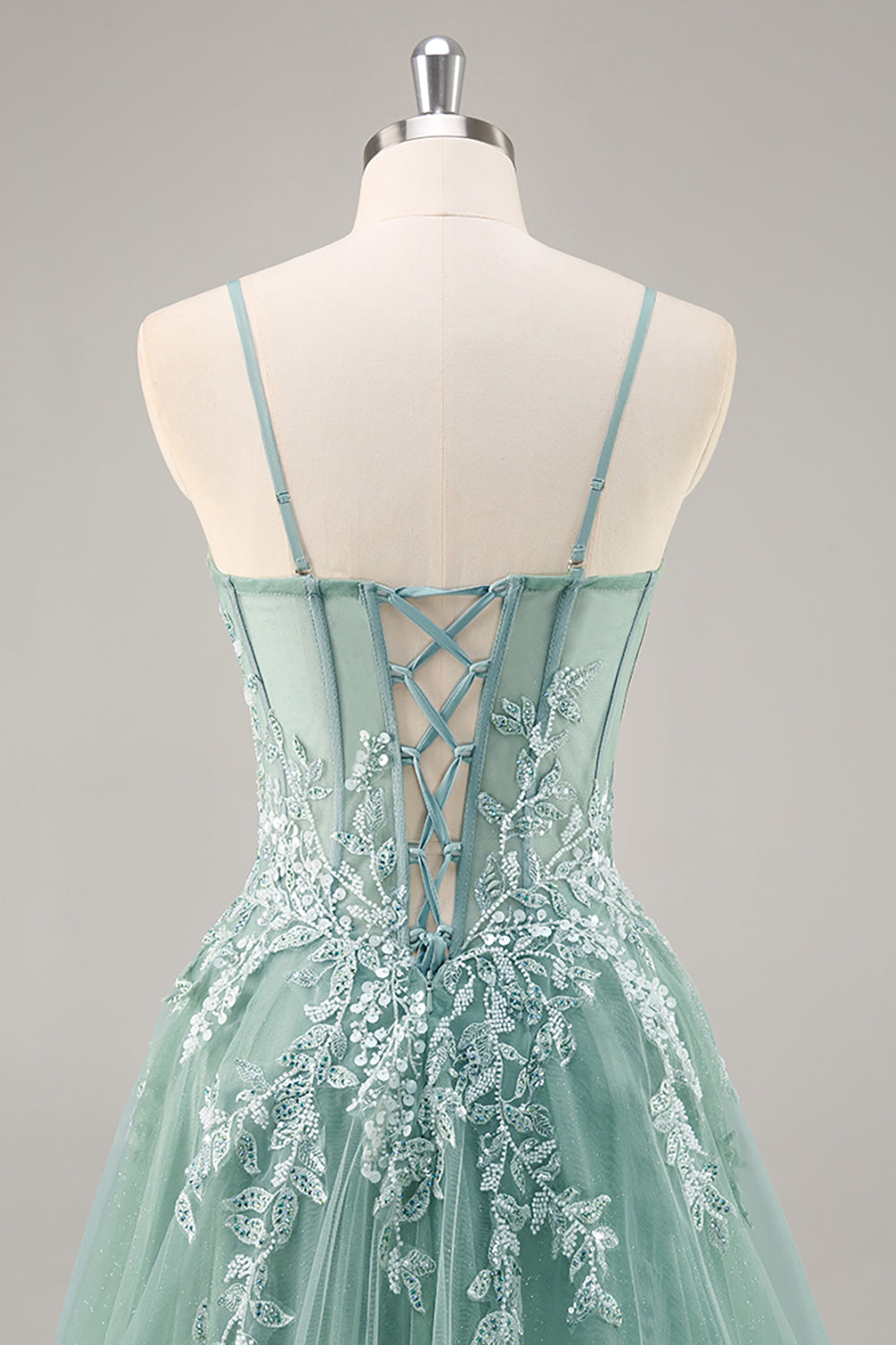Gris violet perlé Corset Applique Robe De Soirée longue avec fente
