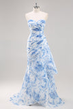 Robe de soirée florale sirène blanche et bleue
