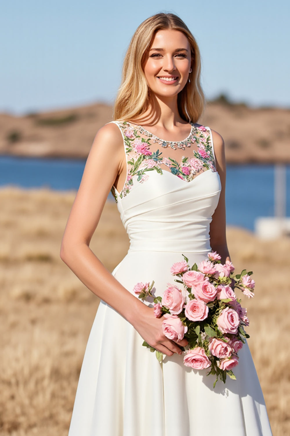 Floral A Line Col Rond Robe de mariée blanche longue