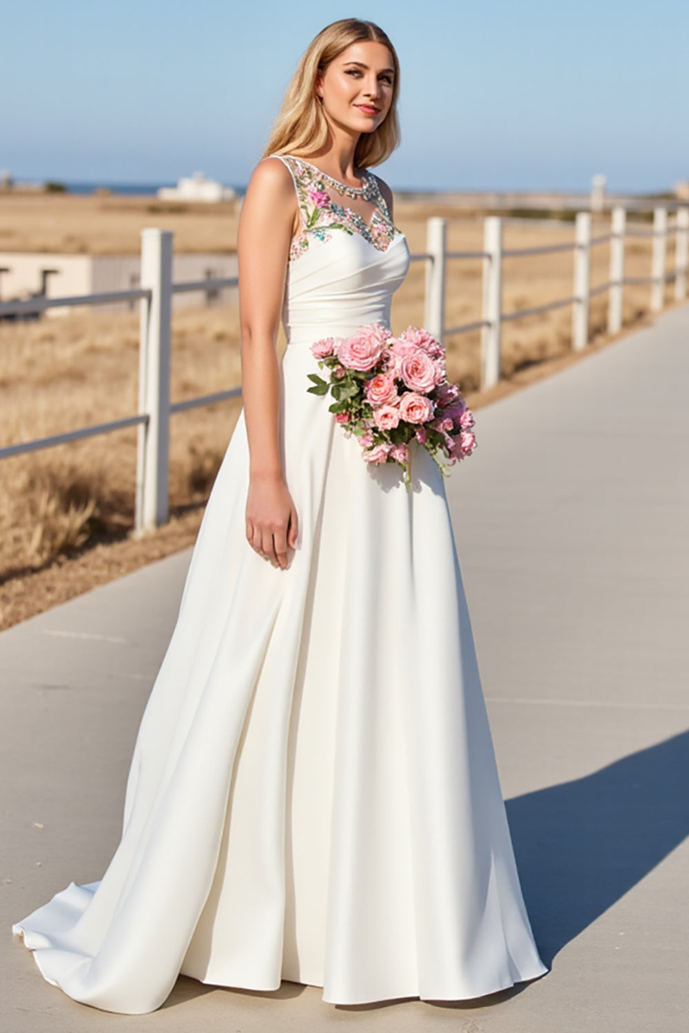 Floral A Line Col Rond Robe de mariée blanche longue