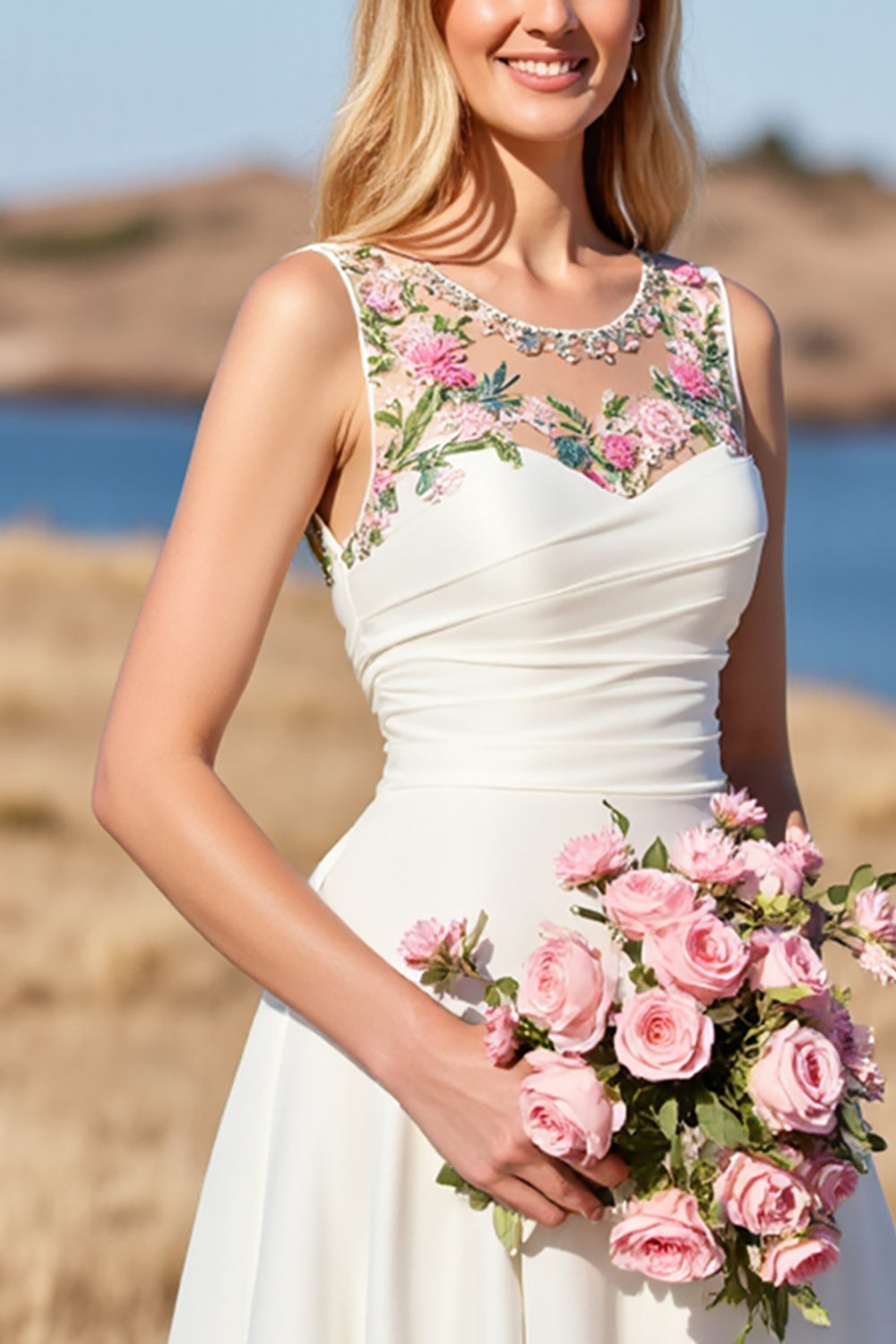 Floral A Line Col Rond Robe de mariée blanche longue