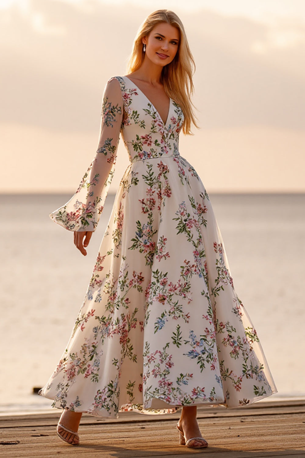 Floral A Line Robe de mariée blanche appliquée à manches longues