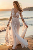 Robe de mariée en tulle blanc Boho Sweep Train avec appliques
