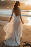 Robe de mariée en tulle blanc Boho Sweep Train avec appliques