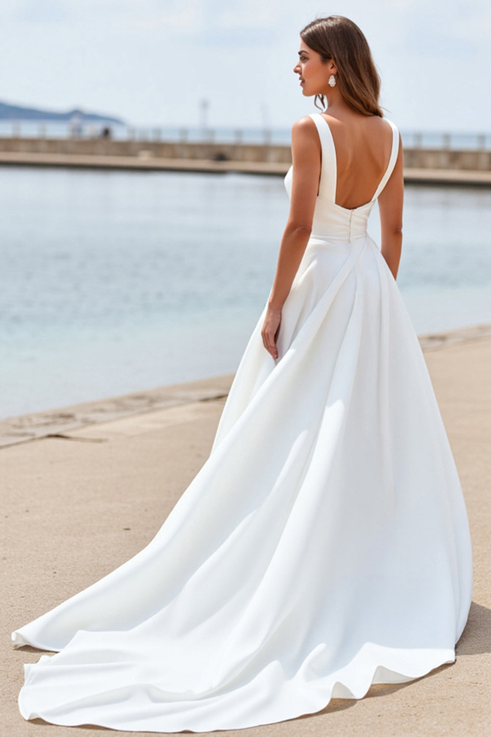 Mousseline de soie blanc Une ligne Col carré Boho Robe de mariée