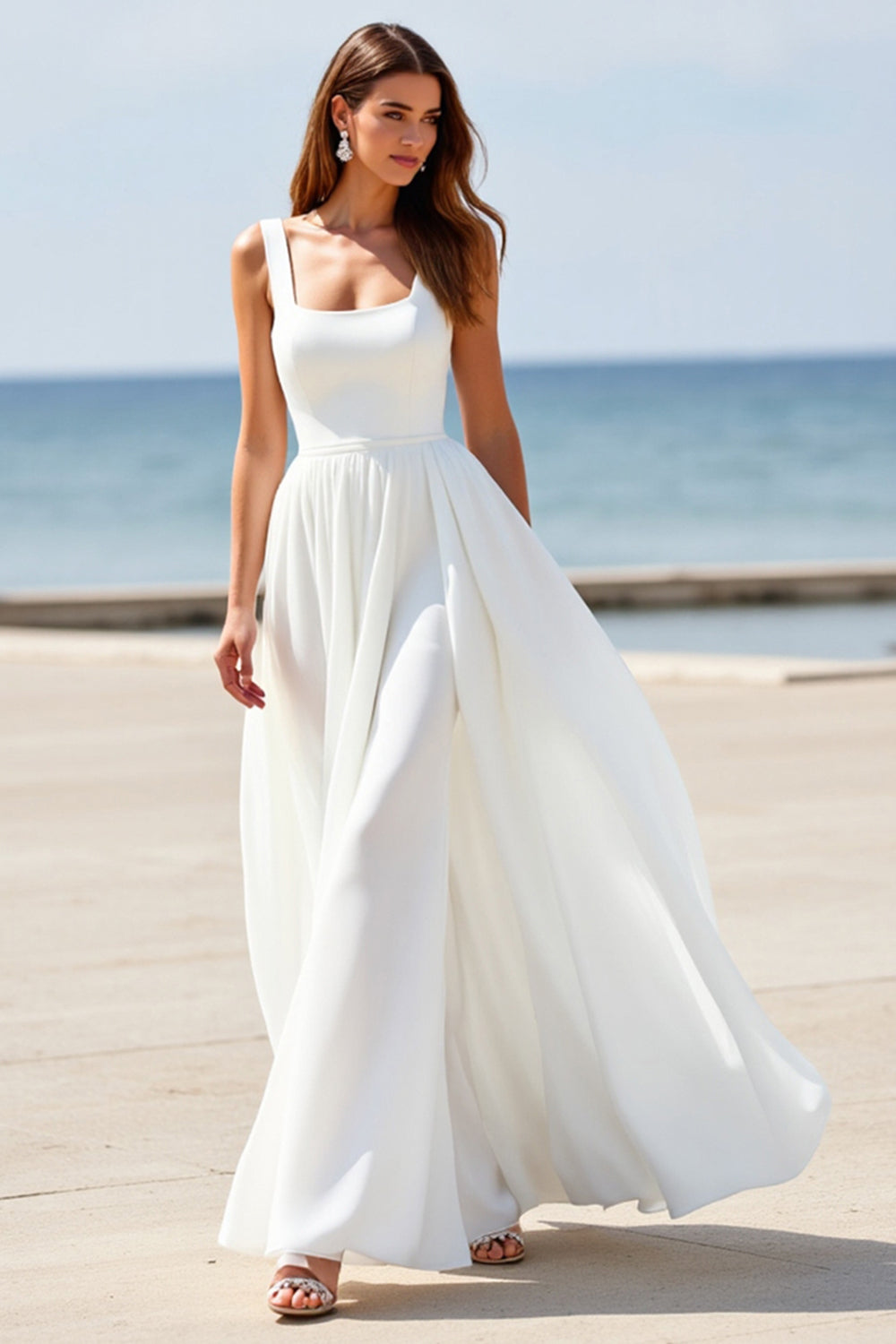 Col carré blanc Une ligne sans manches Boho Maxi Robe de mariée