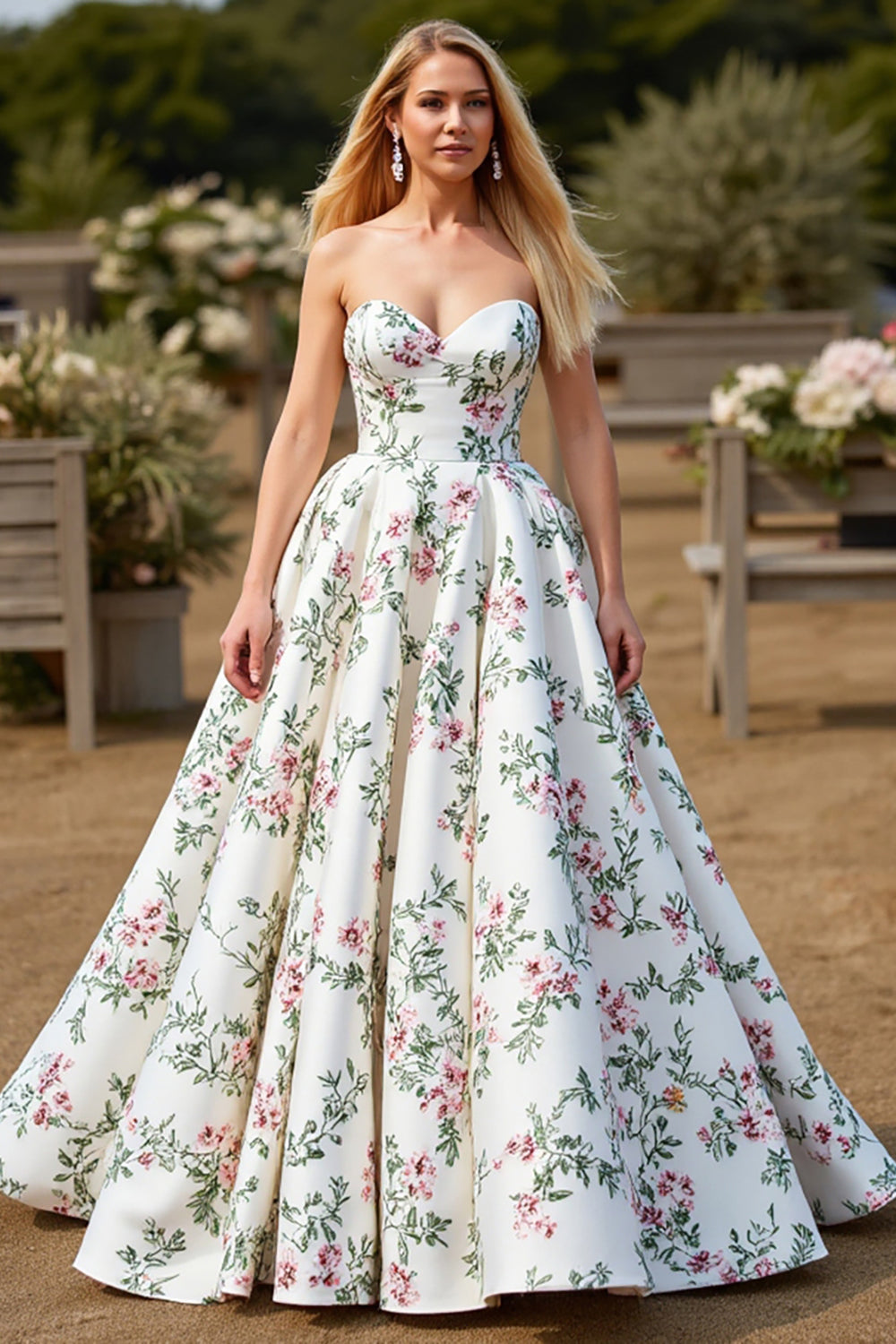 Robe de mariée blanche Sweetheart A Line Sweep Train avec des fleurs
