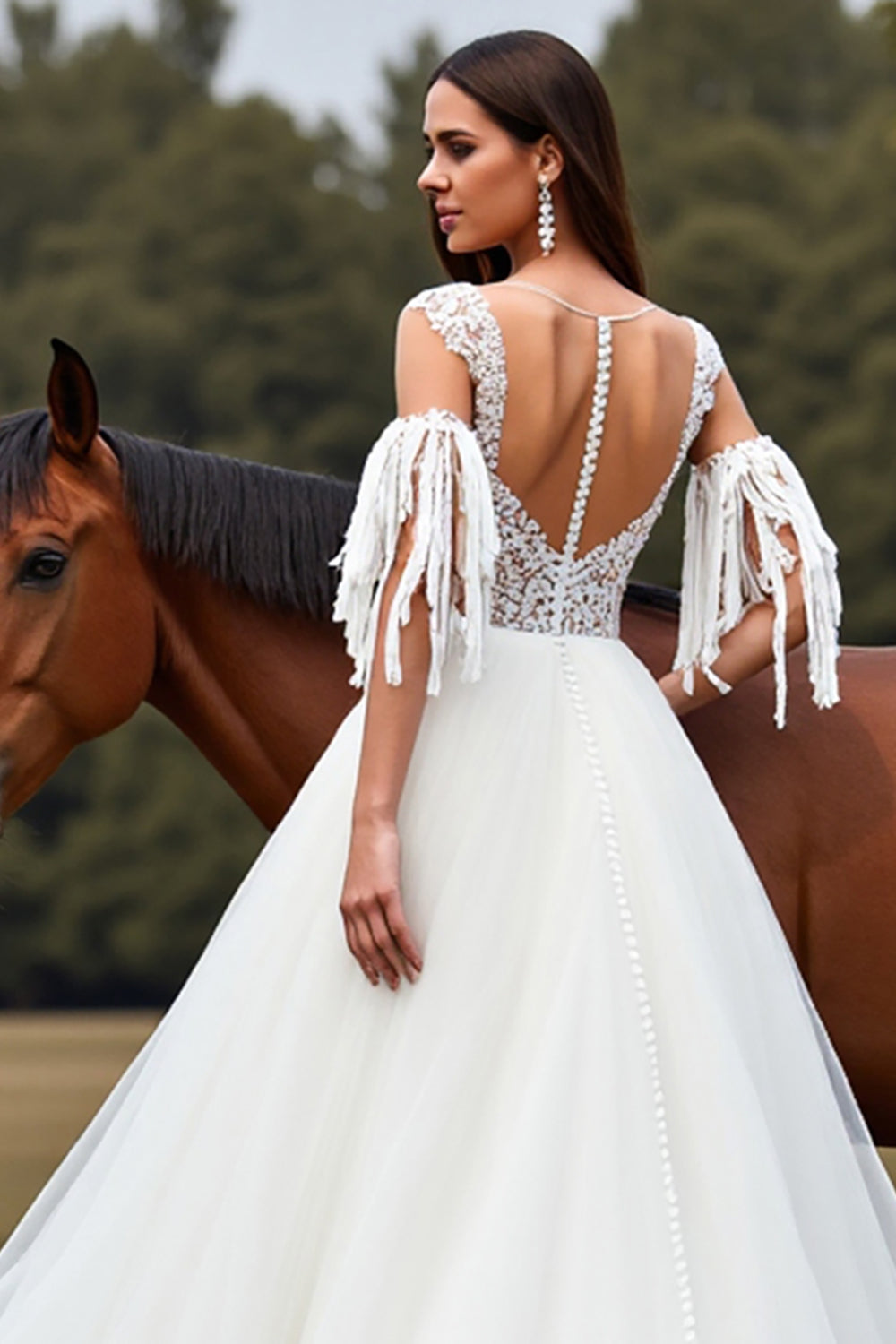 Blanc Une Ligne Tulle Boho Balayage Train Robe de Mariée avec Dentelle